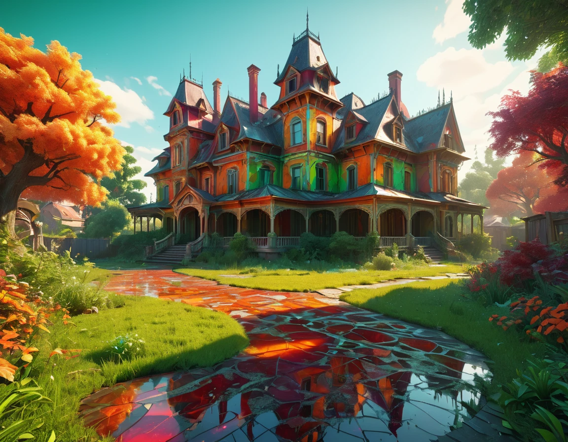 Abandoned and dilapidated mansion in a suburban neighborhood, elegantism, insane detail, lighty and shiny beautiful voronoi swirl light chaotic vivid bold surreal landscape,dew,Reflective Organic 3D HD, [{one}({liquid plasma with {orange white brown green red ligh-red maroon yellow glossy topaz}plasma)[::2,expansive psychedelic background,realistic 4k ultra detailed, sharp focus,vibrant colors,high saturation,high contrast,very high resolution,Unreal Engine,HDR,8k,masterpiece,best quality