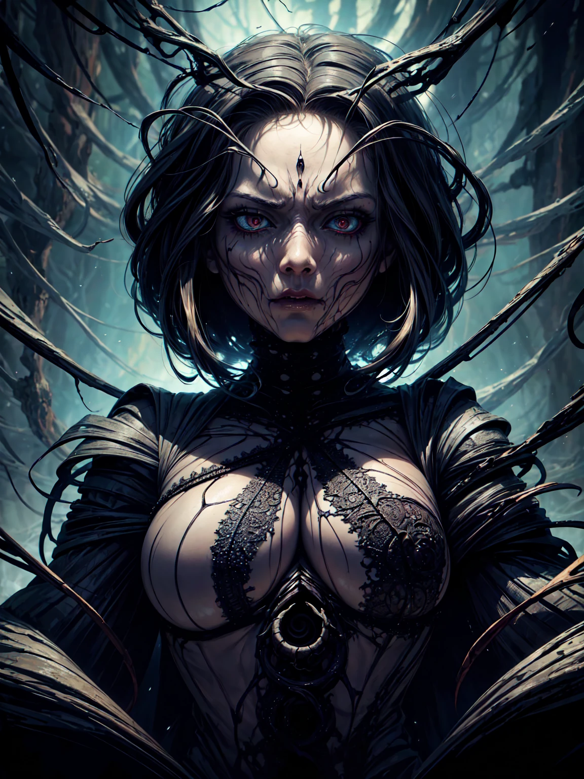 a terrifying woman with fractal spider legs, digital fractal art, intricate organic patterns, insect-like features, highly detailed face and eyes, sinister expression, dark colors, dramatic lighting, surreal and abstract elements, photorealistic, 8k, masterpiece, hyper detailed