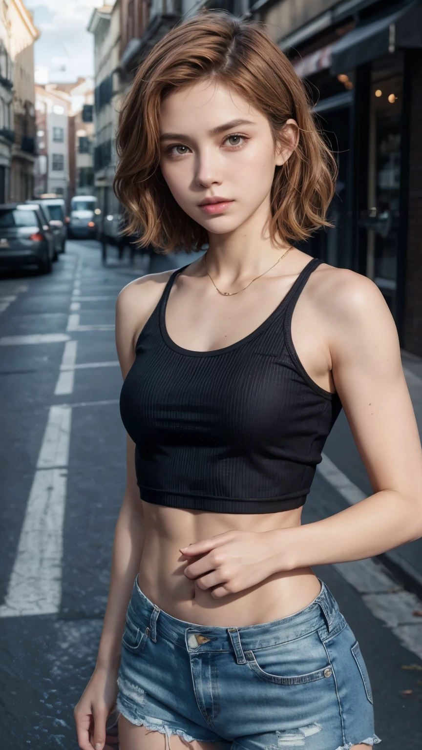 ((Mid-chest, Tomboy, Small Head)), Dawn, sunlight, (Trained abdominal muscles : 1.1), (Perfect body : 1.1), (Short Wavy Hair : 1.2) , Auburn Hair, collar, Lock, Full Body Shot, Crowded street, Wearing a black tank top, Jeans jacket, ((Shorts)), (Highly detailed CG 8K wallpaper), (Very delicate and beautiful), (masterpiece), (Highest quality:1.0), (ultra High resolution:1.0),  Beautiful lighting ,Perfect Lightning, Realistic Shadows, [High resolution], Detailed skin, Super detailed 