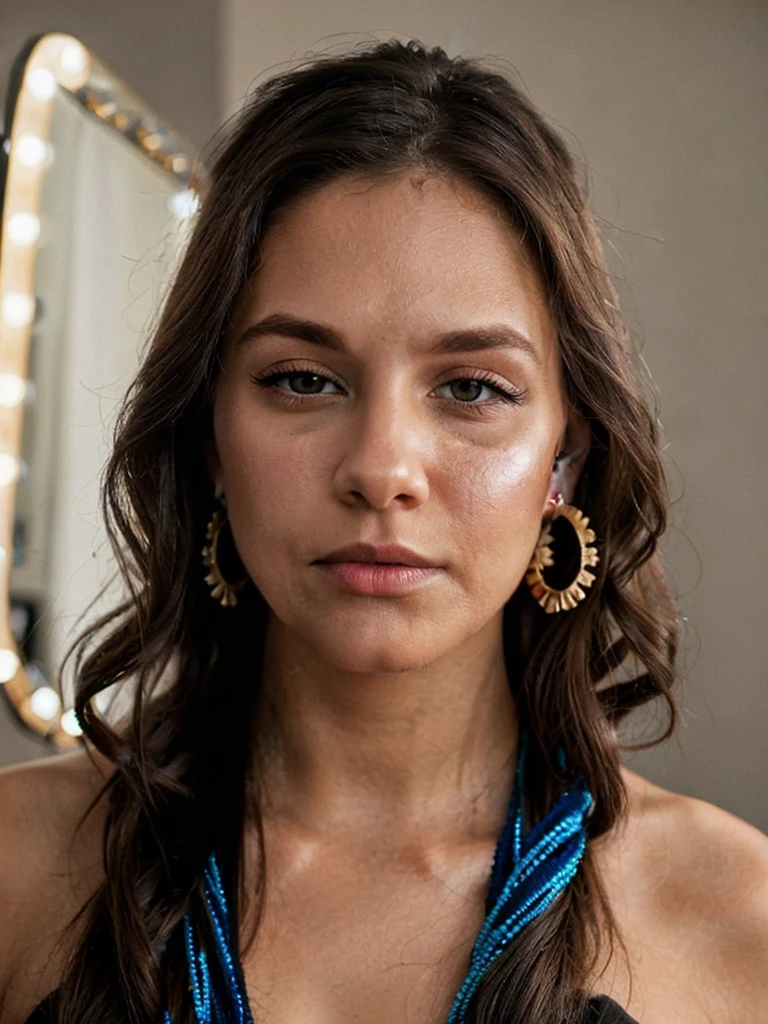 closeup portrait photo of beautiful 24 y.o woman, looking to the mirror, makeup, 6 rings, 3 earrings, 6 bracelets, 8k uhd, high quality, dramatic, cinematic
