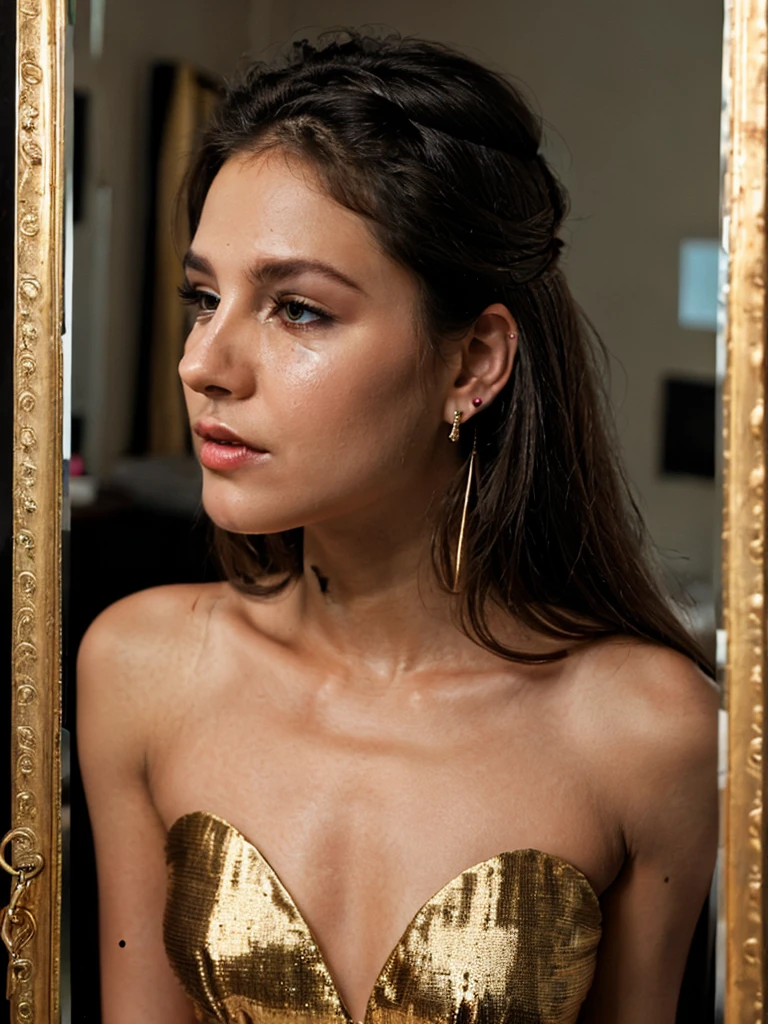 closeup portrait photo of beautiful 24 y.o woman, looking to the mirror, makeup, 6 rings, 3 earrings, 6 bracelets, 8k uhd, high quality, dramatic, cinematic