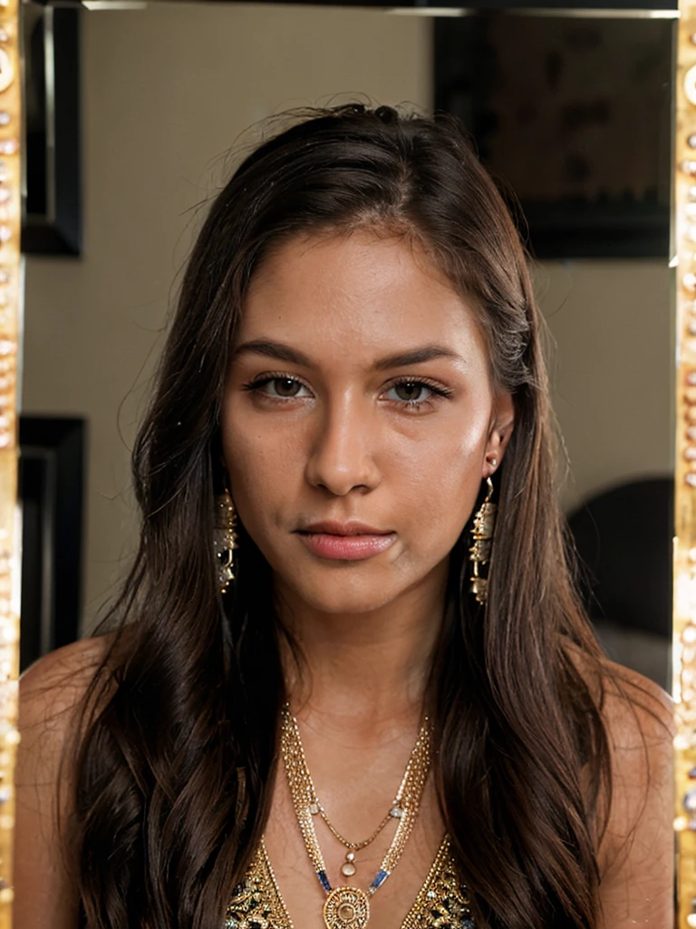 closeup portrait photo of beautiful 24 y.o woman, looking to the mirror, makeup, 6 rings, 3 earrings, 6 bracelets, 8k uhd, high quality, dramatic, cinematic