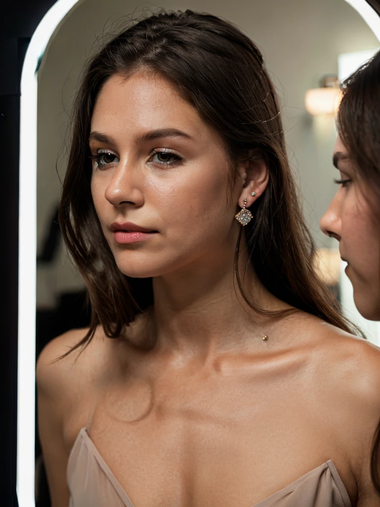 closeup portrait photo of beautiful 24 y.o woman, looking to the mirror, makeup, 6 rings, 3 earrings, 6 bracelets, 8k uhd, high quality, dramatic, cinematic
