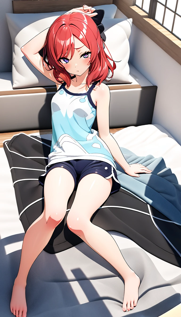 One girl, Maki Nishikino, thin tank top, short pajama pants, posing on the bed in the bedroom, do not put anything on the bed, BREAK (masterpiece, top quality, high resolution, super detailed, (super Detailed skin: 1.3), (Super detailed hair: 1.3), (Perfect anatomy: 1.5), (Perfect anatomy: 1.5), (Beautiful eyes, 5 fingers: 1.3), (Very detailed Face and skin texture: 1.3), (Clear details), {Background blur: 1.3}, (Perfect lighting), High resolution CG, Unity 8k wallpaper, Official art, (Full body composition: 1.22), (Character Focus: 1.22), (Blush: 1.22), (Upward Eyes: 1.22), 3D Rendering, Conceptual Art, Sharp Sketch, id_maki_nishikino