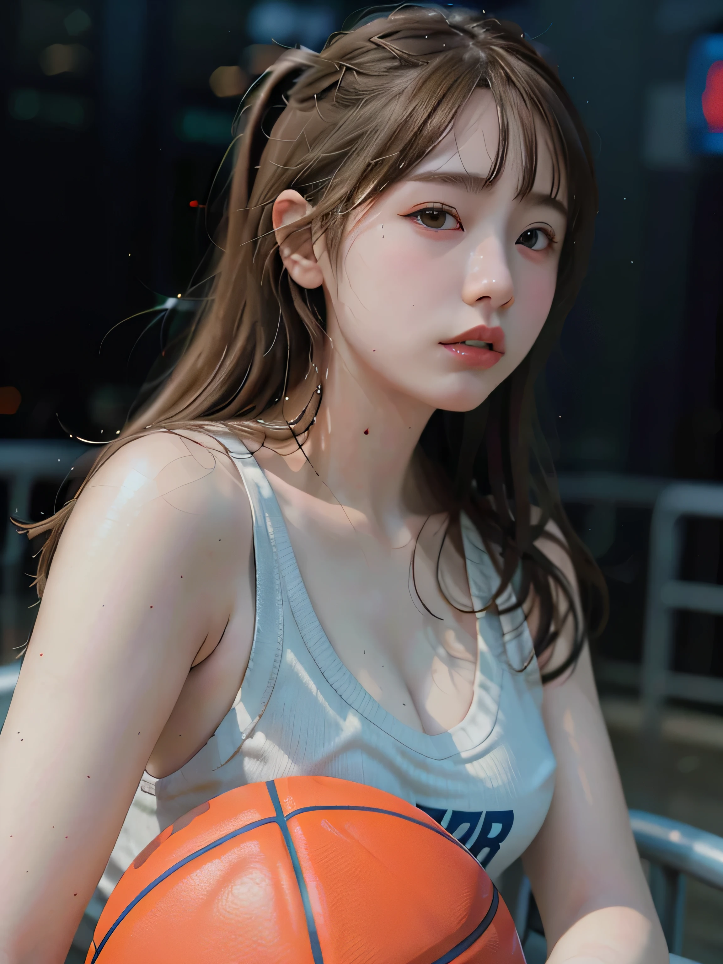 (8K, RAW Photos, Highest quality, Tabletop:1.2), (Realistic, Photorealistic:1.37),1 Girl,beautiful,Powerful, (alone),Detailed face, Elevation,sideboob,
Shoot the ball,Basketball Uniforms ,Sports, avert your eyes,sporty,Wet Skin,Sweat,Large Breasts,Beautiful legs,Basketball venue