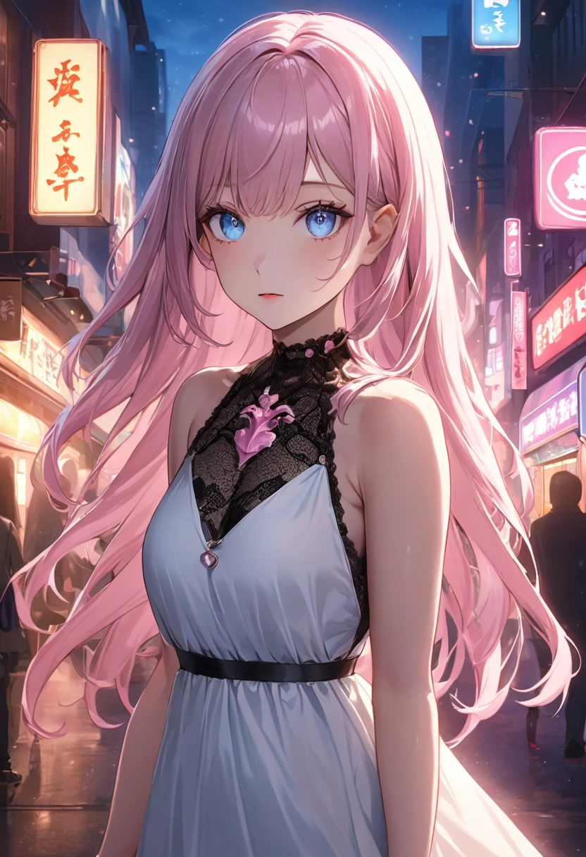 (masterpiece, 8K, Absurd, Digital Art, Digそれal Illustration, Realistic, Very detailed, Realistic lighting), (Perfect Face, Perfect Eyes, Perfect body),Lilia, One Girl、Pink long hair、blue eyes、White dress with black lace、large pink ribbon on the chest、In the modern city, Walking around town, evening, Asymmetric, Eye level shot, Neon Light, character silhouette, Shiny, Futuristic, anime style, attractive anime, pixiv fan art