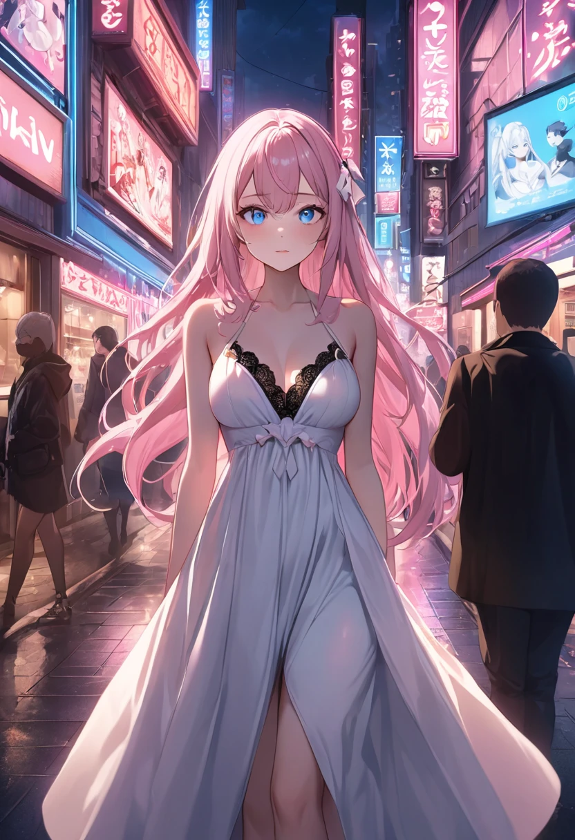 (masterpiece, 8K, Absurd, Digital Art, Digそれal Illustration, Realistic, Very detailed, Realistic lighting), (Perfect Face, Perfect Eyes, Perfect body),Lilia, One Girl、Pink long hair、blue eyes、White dress with black lace、large pink ribbon on the chest、In the modern city, Walking around town, evening, Asymmetric, Eye level shot, Neon Light, character silhouette, Shiny, Futuristic, anime style, attractive anime, pixiv fan art