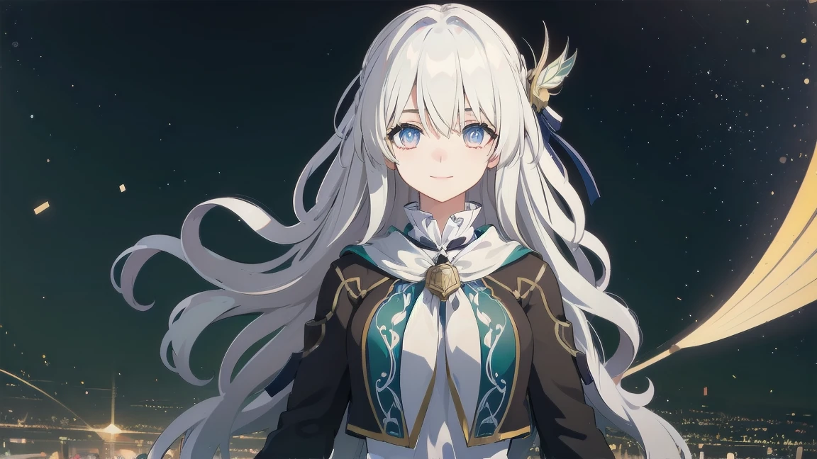 fireflycus, 1 girl, white hair, long hair, blue eyes, white dress, white skirt, white scarf, , standing, looks at viewers, upper body, smile, green screen,