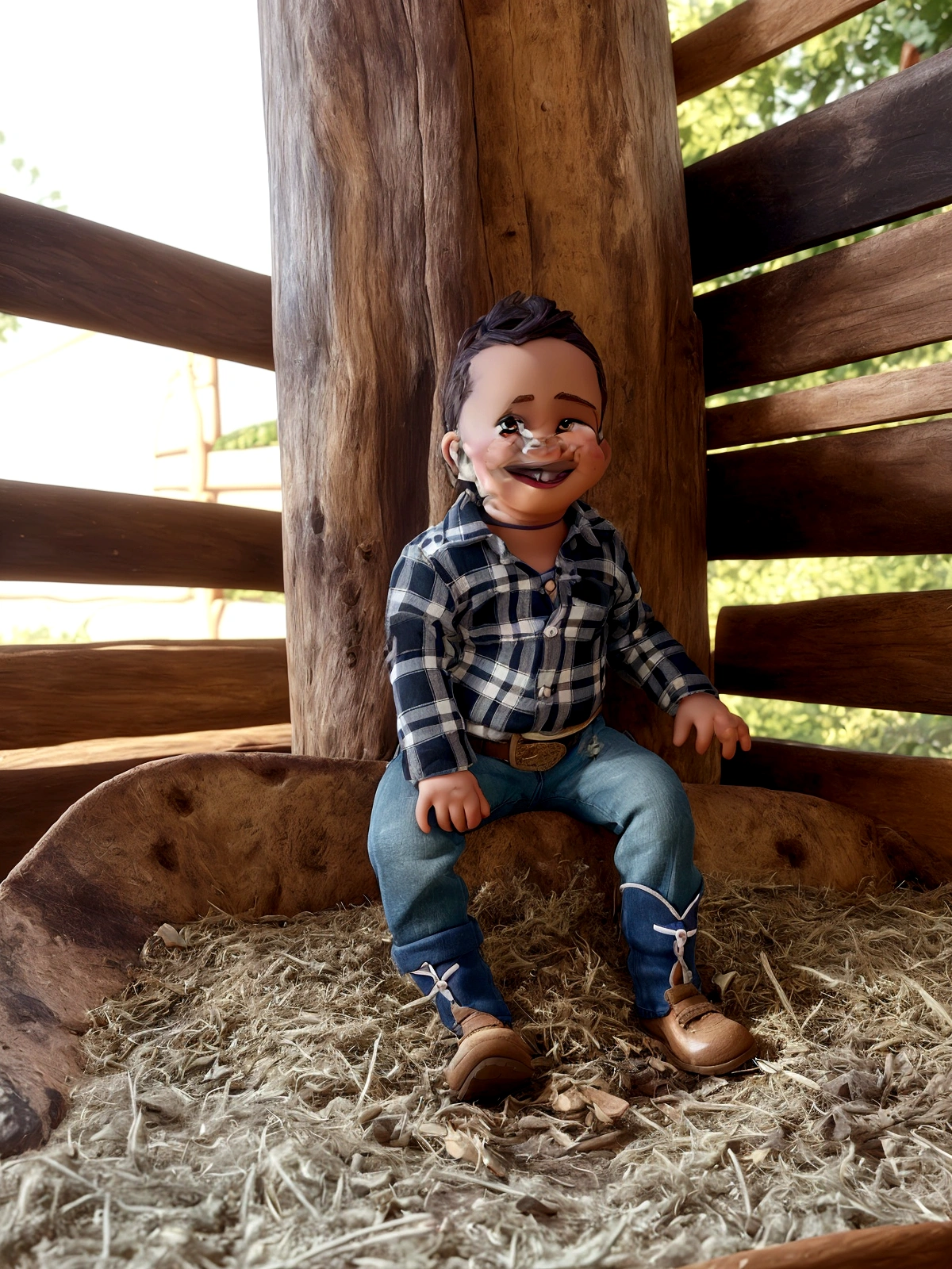 Cartoon character of a  than 1 year old,yes and hair, the hair is straight but with a slight wavy on top, has a toothless smile with just two teeth, His cowboy clothes are a black plaid shirt and blue jeans., on the belt a buckle and a brown boot, stylized character, animation style rendering, 3d stylized, Arnold Maya rendering, Stylized 3D rendering, toon render screenshot, 3d character, 3d character, Stylized 3D rendering, 3D character rendering, cartoon character, Personagem de close up, character posing, (Pixar-style) (master part:1.2) (bokeh) (best qualityer) (skin detailed) (detailed texture) (8K) (Argilla) (cinematic lighting) (sharp focus，Sit down and lift your upper body
