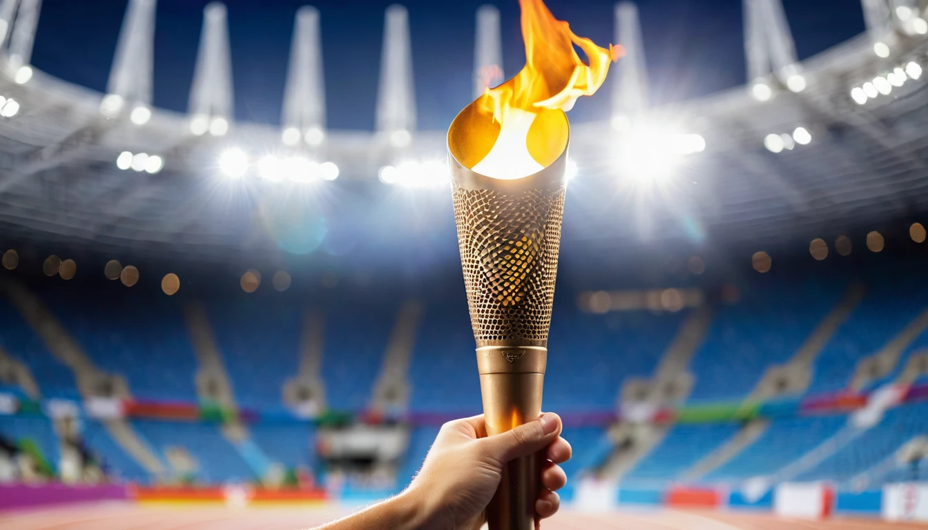 An athlete's hand is holding the 2024 Olympic torch, set against the bokeh of a match stadium