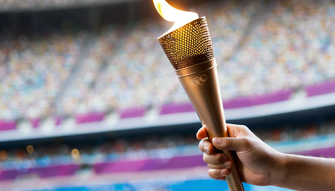An athlete's hand is holding the 2024 Olympic torch, set against the bokeh of a match stadium