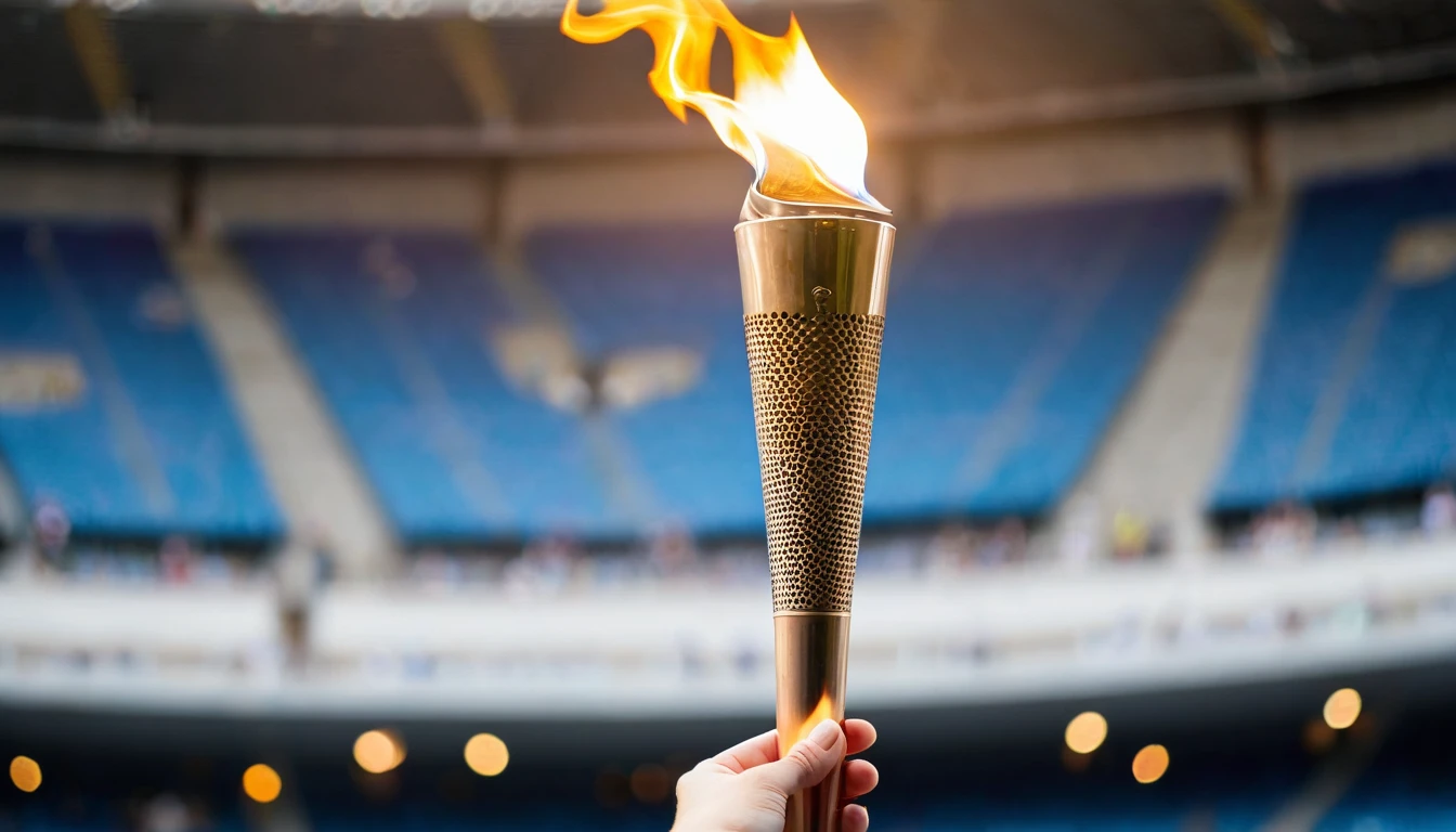 An athlete's hand is holding the 2024 Olympic torch, set against the bokeh of a match stadium