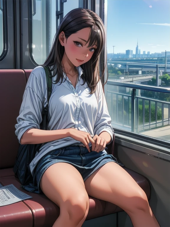 (1) Sitting alone on a long seat in a train,Sit with your legs apart,Composition from the front,Low - Angle,
(2) I&#39;m a jk, She is wearing a uniform consisting of a miniskirt, sailor suit and loose socks.,Panty shot,White panties are visible,
(3) I have medium length brown hair,
(4) The expression is provocative and smirking.,
(5) The location is a long seat on the Yamanote Line at night.,There are no other customers,The view outside the window is the night view of the city