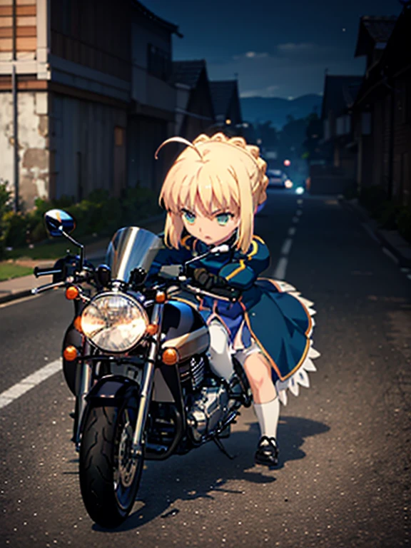 Riding a motorcycle, phAltoria, phSaber, (chibi), full body, (masterpiece), highest quality