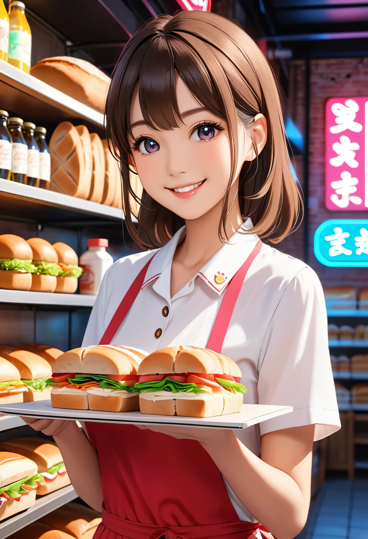 Bread店，A pretty girl，Female shop assistant，happy smile，Detailed face，制作Sandwiches，_Give，A cute bear shop sign on the wall，neon light，shelves，Bread，Sandwiches，Bottled drinks，anime，Nice background，Depth of Field，CG unity，Hand drawn style，