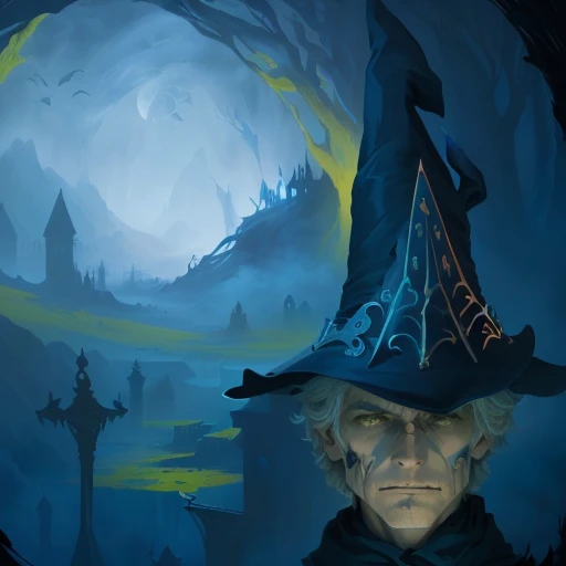 painting of a creepy looking man with a hat on, blue witch hat, an expressive digital painting, witch's hat, an ominous fantasy illustration, evil realm magic painting vibes, young wizard, creepy explorer sketch, witch hat, archwizzard in a hat, inspired by Lyonel Feininger, a witch, sad wizard, scarry but bewitching
