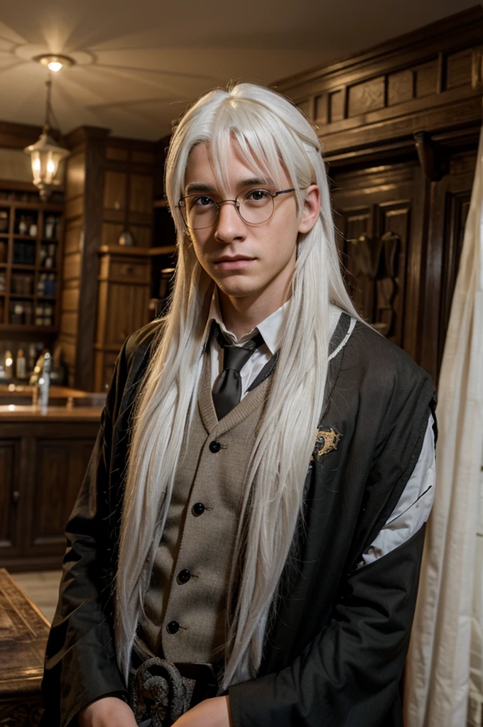 A handsome, magical young man from Hogwarts School of Magic, white hair, lives in the Hufflepuff house, wears glasses.