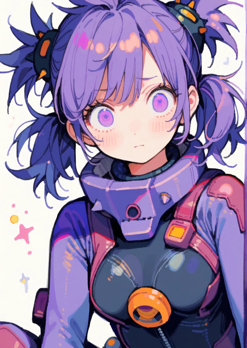 1girl, (purple hair, (spiked hair), short high twintails:1.2), Confused eyes、、Pilot Suit、tegaki