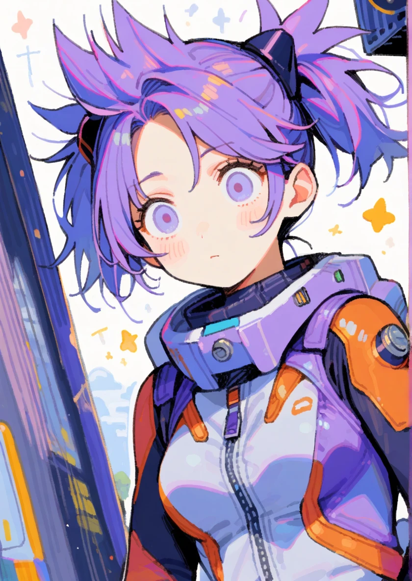 1girl, (purple hair, (spiked hair), short high twintails:1.2), Confused eyes、、Pilot Suit、tegaki