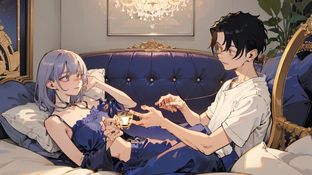 An illustration that evokes a romantic and private space,Dimly lit relaxation room and date scene,Calm toned colors（Deep Blue、Burgundy、Champagne gold, etc.）,Creates a mature and elegant atmosphere,Room with dim lighting,A woman in her 30s is being pushed down onto a bed by a man in his 20s,Japanese man and two women