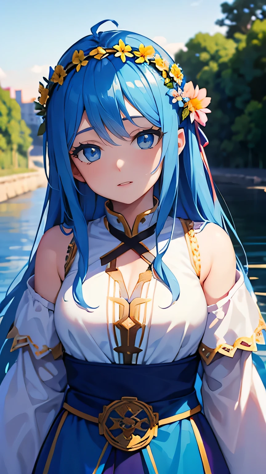 20-year-old woman in Ukrainian costume、Blue eyes with a flower crown on his head、River and blue sky in the background、Afternoon light and sunset realistic illustration