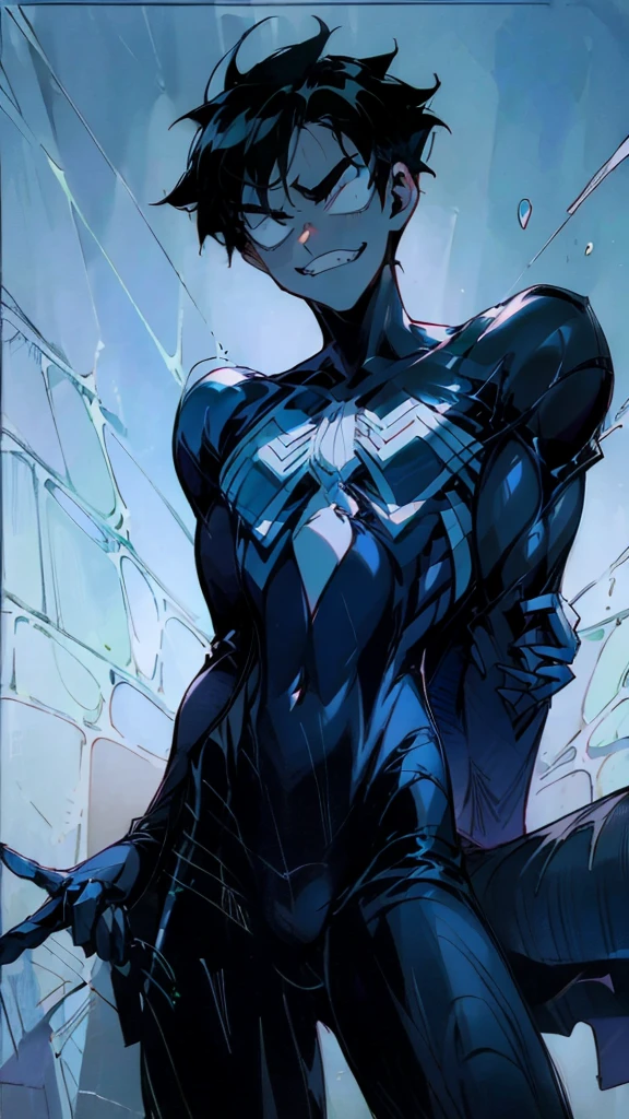 ,(((masterpiece))), ((((((best quality)))))),slim:1.3,(rubber:1.3),spandex:1.3,((pure black zentai:1.2)),(youthful physique:1.3), ((perfect body structure:1.4)),no muscle:1.3, protruding crotch, slender, balanced composition,((expressive lines:1.3)), minimalistic beauty,((Ebitendon:1.4)),(anime boy:1.3),wholesome,minimalistic,((anime style:1.4)), megaman,(tied to bed),white background:1.2,venom,((twink:1.4)),perfect face, ((finedetail)),(cinematic lighting),((8k_wallpaper)),(((highres))),,(short hair),((male:1.6)),(((male face:1.2))), The image depicts a young boy,
(((((male focus))))) ,1boy,boy,clear shape,((Asian boy)),(depth_of_field),((soft and clear lines)),grim, (evil grin:1.4),solo,(arms behind back:1.2),(black eye bags),solo,(black),horny, corruption,corrupted,villain, Dark, Sinister, Malevolent, Cruel, Ruthless, Vicious, Deceptive, Treacherous,Merciless, Sadistic, Malicious, Nefarious,Wicked, Insidious, Bags under eyes,((dark:1.2)),((male body:1.3)),(muscleless:1.2),jock,heavy breathing,caelus,midoriya izuku,dark hair,dark eyes,(blank eyes), manhwa uke, bettermalebody,