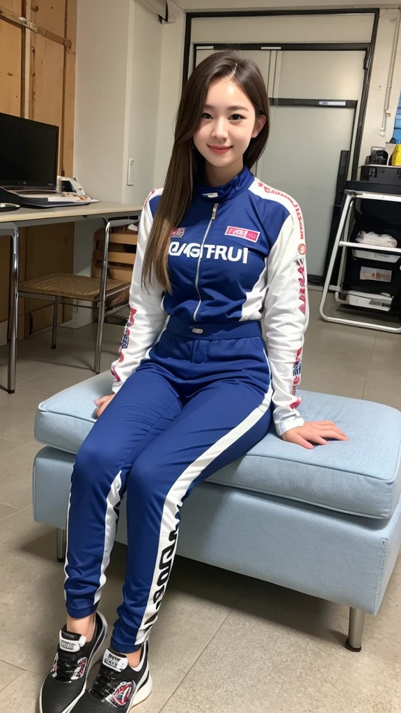  girl 18-year-old Hairstyle Casual,  wearing racing suit in pit room sit on chair