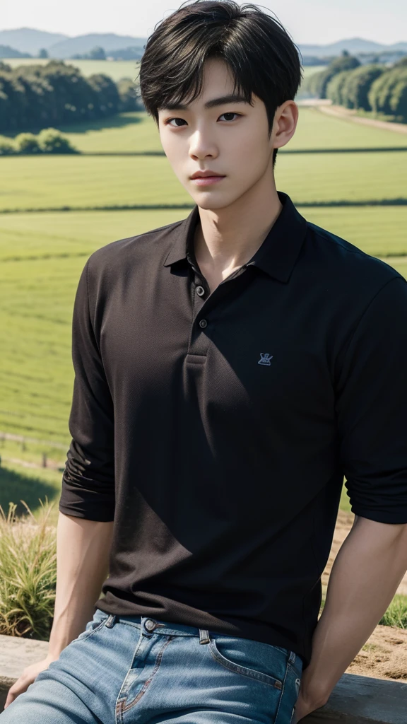 young korean man , 1 boy, white skin , Fine skin, 1 boy, ((realistic)), abdomen, good light quality, muscle veins, ((Pale skin)), football player, (Masterpiece, Special quality, high resolution, 8K, complicated:1.2), (detailed face:1.2), handsome, , Embossed, 1 boy,alone, look at viewer, Balancing the eyes, , (Make eye contact), , black polo shirt, With super tight navy blue jeans., big Embossed (In the countryside:1.5), (field:1.3)