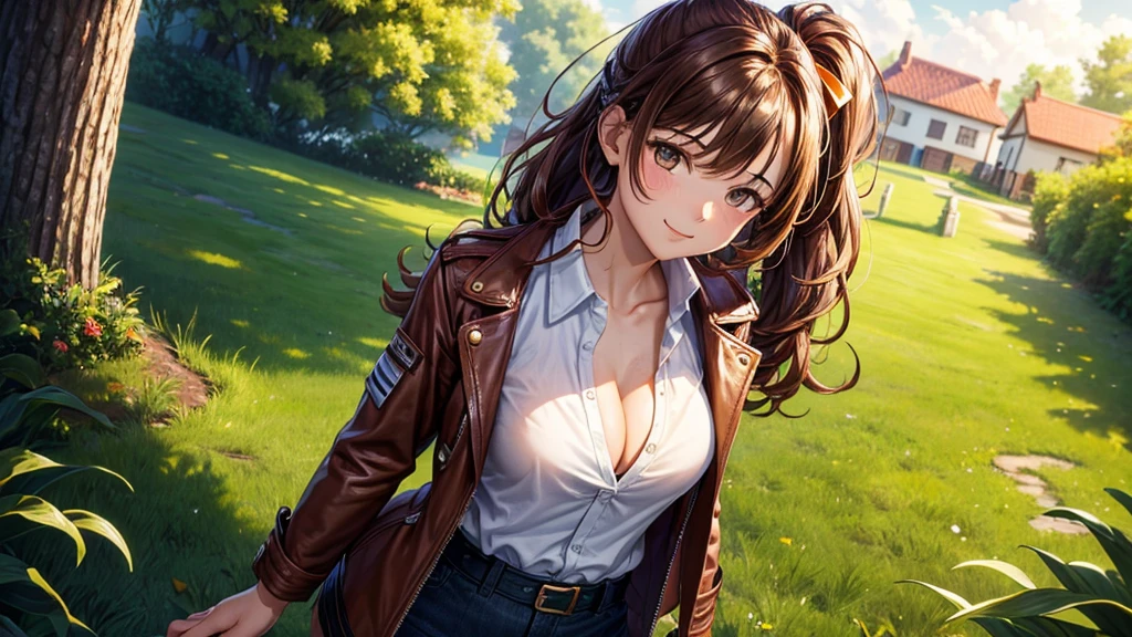 1girl, solo, summer, village, trees, sun, clouds, ((colorful hair)), curly hair, ponytail, large full , ((brown leather jacket)), button shirt, ((white shirt)), ((short sleeved shirt)), ((unbuttoned shirt)), unbuttoning buttons, clge 1:3, bs, skirt, smile, looking at the viewer, standing, hair ribbon, golden necklate