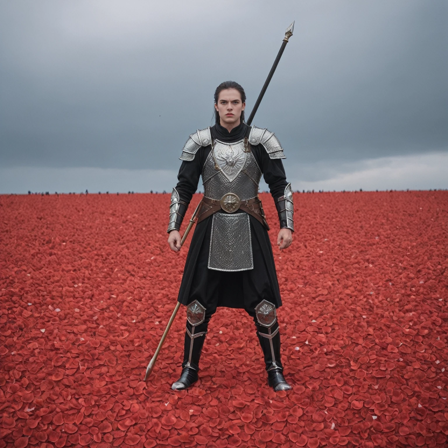 score_9, score_8_up, score_7_up, BREAK,
 In the scene, a warrior in vibrant red and black armor, embellished with golden motifs, stands resolutely amidst the chaos of battle. Her hair is swept back by the gusts of combat, and her face is set in a determined expression. She wields a sharp, gleaming weapon, ready for the fray. The background is a whirl of red petals, adding a surreal, dreamlike element to the scene. The focus is on the intensity and beauty of the moment, captured in high-resolution detail, showcasing the warrior’s strength and the vividness of the battle.
