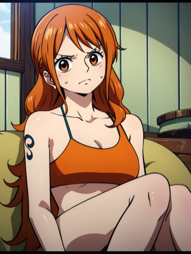 Cute girls,round brown eyes、orange hair color、without bra、Medium to long straight hairstyle,Windmill tattoo on left shoulder、(hugeboobs,facial sweating,facial flushing,facial flushing,In a rental house,sitting on the couch,evening,it was raining outside,Being red in the face,Upper body is wet.,half soaked),In a micro bikini