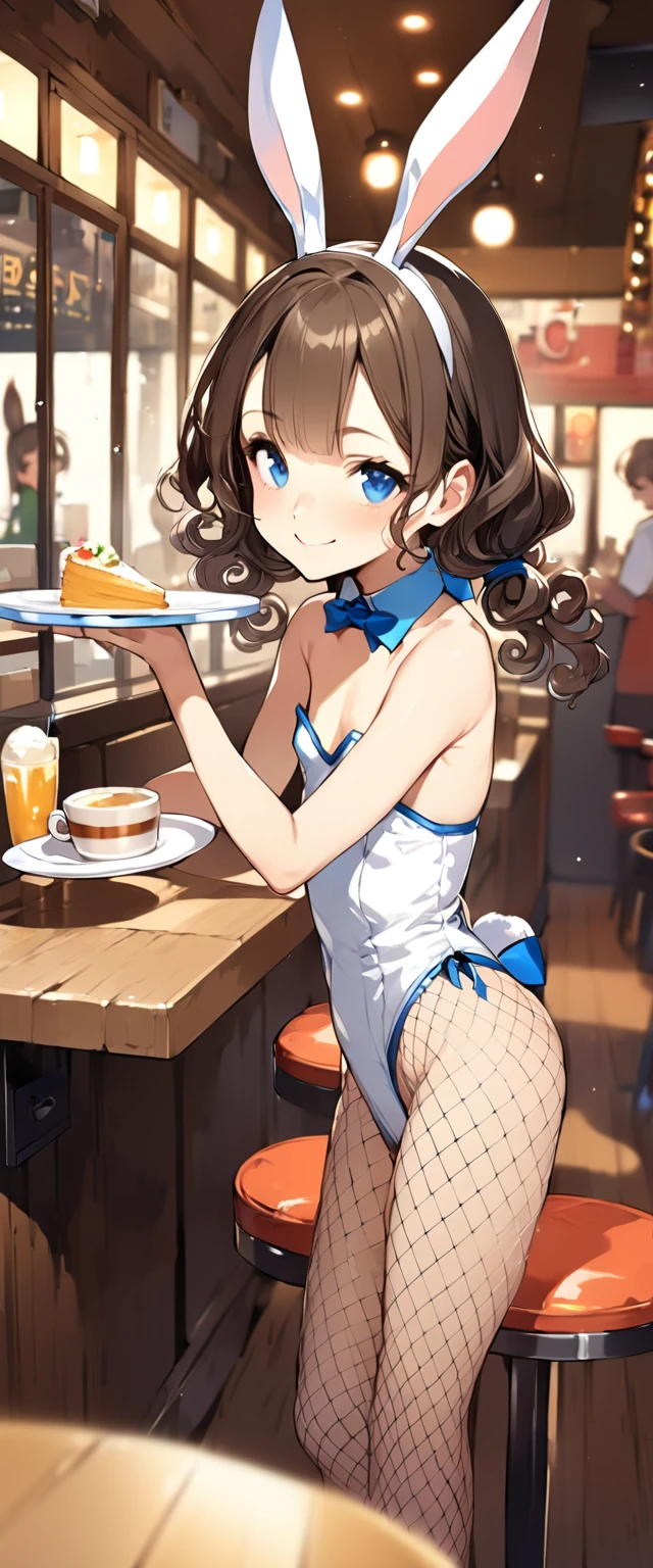 (Top quality illustrations:1.2), (pretty girl:1.1), (1 girl、、Top quality illustrations:1.2), (1 girl、smile、Small breasts、blue eyes)、Dark brown hair、short hair、Wavy Hair、Curly Hair、Low Twintails、Waitress in a café、Bunny ears、Small breasts、White leotard、Fishnet tights、whole body