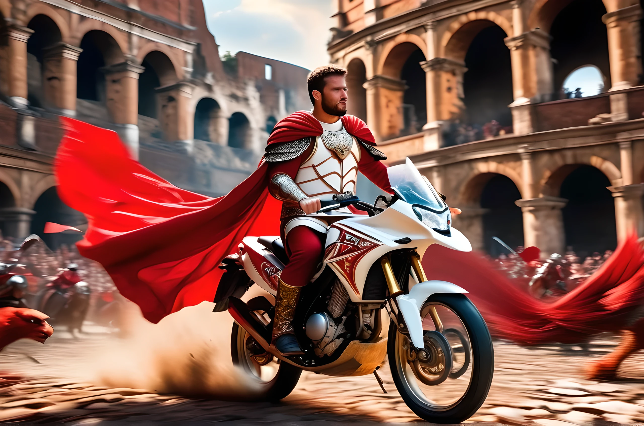 A Roman gladiator in sleek white armor and red cape, riding a red and black lion-shaped Suzuki power bike through the crowded ruins of a colosseum, surrounded by crows, with motion blur, flying rocks, and mounted soldiers and lions in the background, in the style of renaissance art and impressionism, close-up view, (best quality,4k,8k,highres,masterpiece:1.2),ultra-detailed,(realistic,photorealistic,photo-realistic:1.37),HDR,UHD,studio lighting,ultra-fine painting,sharp focus,physically-based rendering,extreme detail description,professional,vivid colors,bokeh