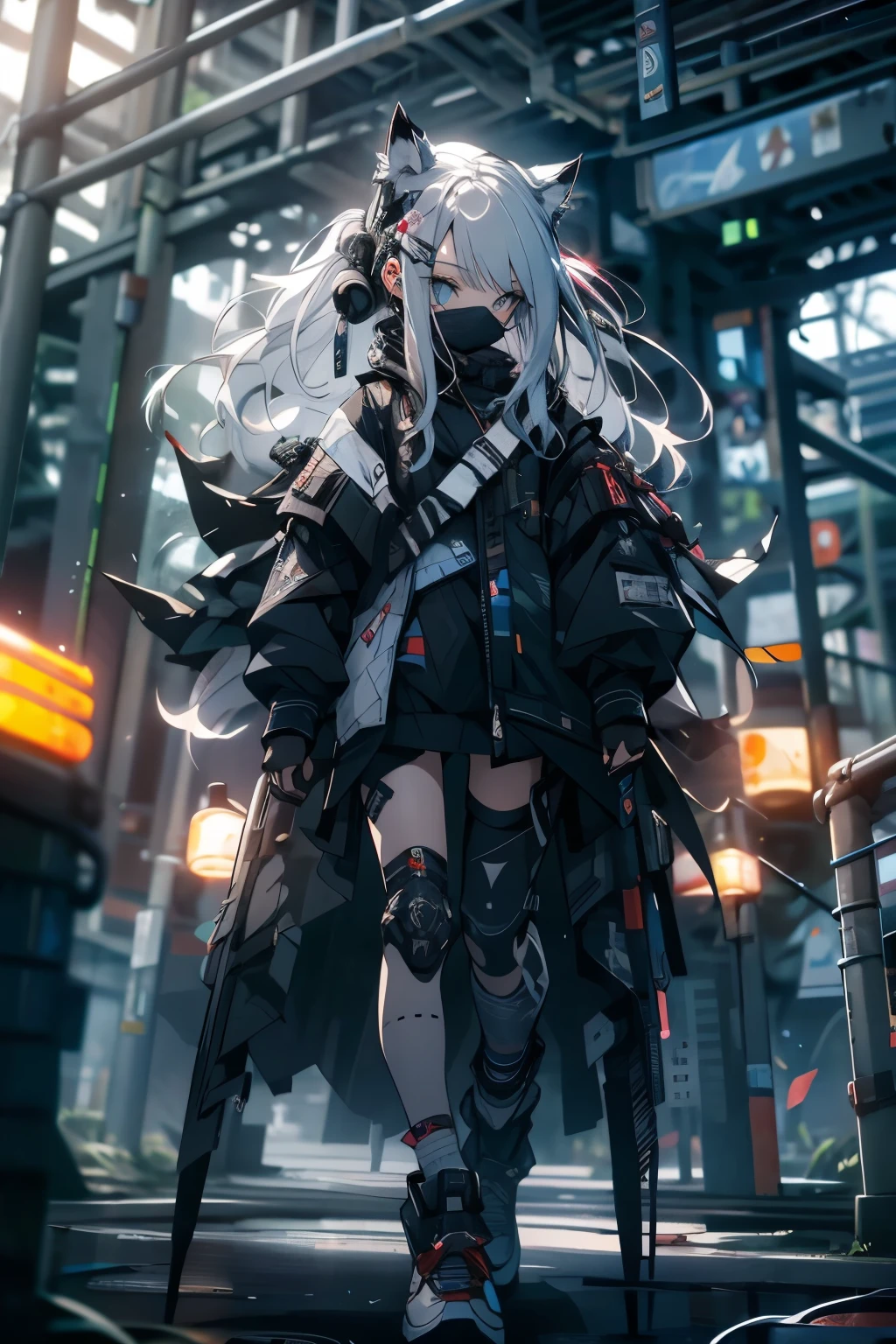 Cat ear，机械Cat ear，High-tech headphones，White hair，
