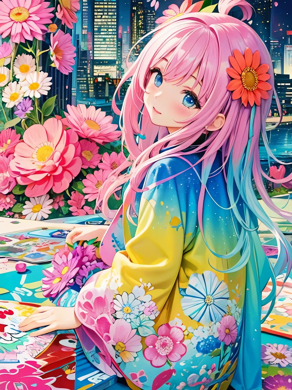 anime smiling girl with pink hair and blue eyes sitting on a rug, anime style 4 k, anime art wallpaper 4 k, anime art wallpaper 4k, anime art wallpaper 8 k, anime wallpaper 4k, anime wallpaper 4 k, beautiful anime girl, beautiful anime artwork, dreamy psychedelic anime, beautiful anime art, detailed digital anime art, anime style. 8k