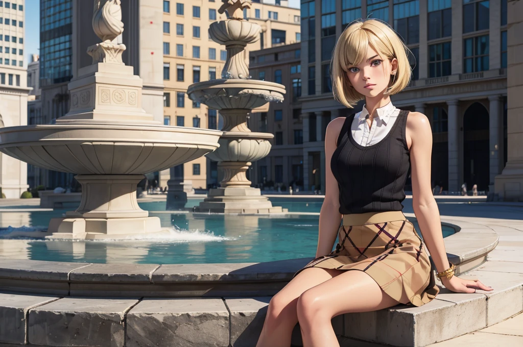 best quality, super fine, 16k, incredibly absurdres, extremely, cute European Caucasian woman, 24 years old, captivating look, aroused expression, blonde long bob cut, wearing Burberry checked skirt, black tank top sweater with braided pattern, superlative body proportion, sitting in fountain plaza