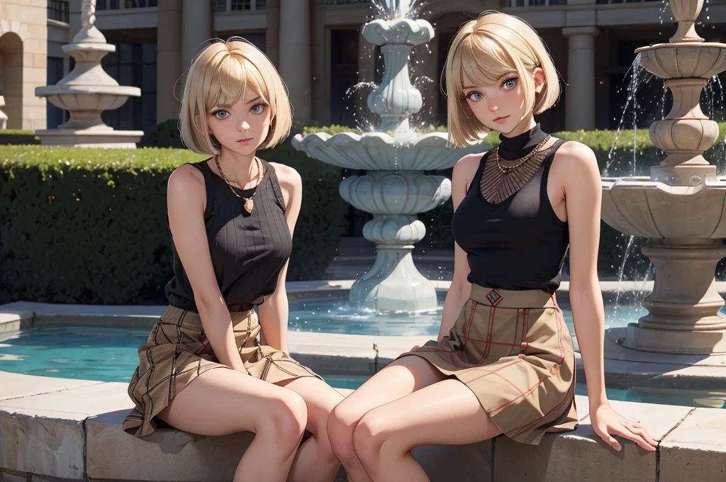 best quality, super fine, 16k, incredibly absurdres, extremely, cute European Caucasian woman, 24 years old, captivating look, aroused expression, blonde long bob cut, wearing Burberry checked skirt, black tank top sweater with braided pattern, superlative body proportion, sitting in fountain plaza