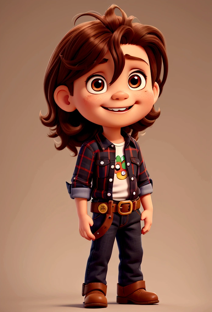 Cartoon character of a baby less than 1 year old, brown eyes and hair, the hair is straight but with a slight wavy on top, has a toothless smile with just two teeth, His cowboy clothes are a black plaid shirt and blue jeans., on the belt a buckle and a brown boot,