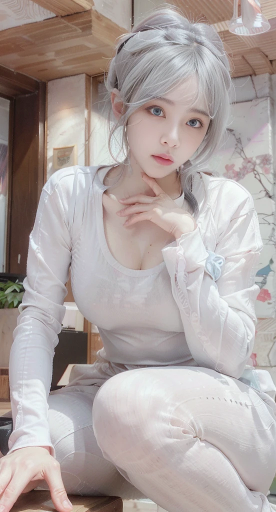 (hyperrealistic), (illustration), (high resolution), (8K), (extremely detailed), (best illustration), (beautiful detailed eyes), (best quality), (ultra-detailed), (masterpiece), ( wallpaper), (detailed face), solo, 1 girl, white wavy hair, korean, heterochromic eyes, small moles under the eyes, loose white shirt, yoga pants, big breasts, long legs, tight abs, camel toes, dynamic pose