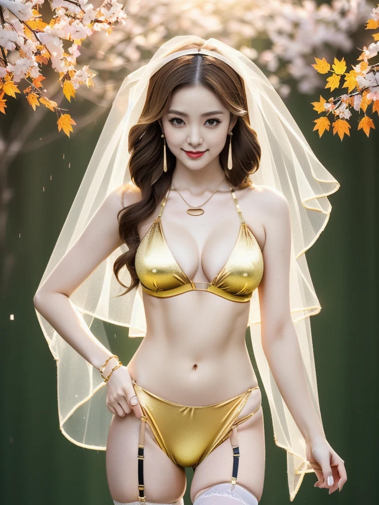 An Asian Chinese female model, Maple leaves background at night, (8K Ultra HD, Digital SLR Camera, Soft Light, high quality, Volumetric Lighting, frank, photo, high resolution, 4K, 8K, Bokeh), (Create stunning images of real girls, warm light, Dynamic poses, Elegant Posture, Cowboy lens, Full body front view, From the front，Be confident, Front of the body facing the camera, Standing posture facing the camera, Open your legs slightly, Golden Ratio Graphics, Minimalism), (Show a charming smile, Willow Leaf Eyebrows, big eyes, Apricot eye prick, Cherry Blossom, Balanced Eyes, Oval face, Pretty Face, Normal facial features, Skin is transparent and visible, Thin skin and tender meat, cosmetic, earrings, bracelet, necklace, Jewelry, veil, Hair accessories), (Brown hair, Wavy curly hairstyle, Waist-length hair, Messy Hairstyle, Gradient hairstyles, Cyberpunk hairstyle), (Transparent clothes：1.5, Gold clothes, Thin clothes, Transparent mesh clothes, Transparent clothes, Transparent mesh Hanfu,Ultra-small bikini bra), (Sexy, Perfect breast shape, Teardrop-shaped chest shape, Snow-white breasts, very detailed breasts, 34E cup), (Super high waist clothes, Waist hollow, Levain), (Black socks, Clear knee-length socks, 吊garter, Leg ring, garter, 腿部garter)