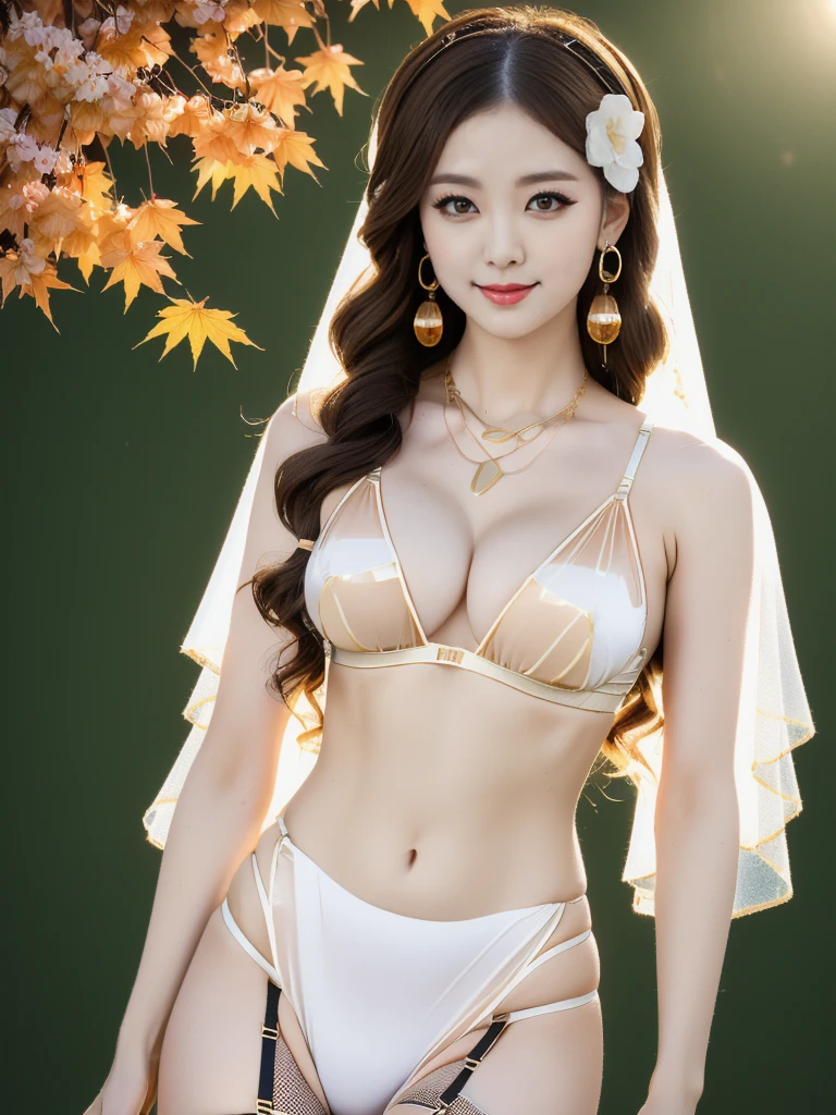 An Asian Chinese female model, Maple leaves background at night, (8K Ultra HD, Digital SLR Camera, Soft Light, high quality, Volumetric Lighting, frank, photo, high resolution, 4K, 8K, Bokeh), (Create stunning images of real girls, warm light, Dynamic poses, Elegant Posture, Cowboy lens, Full body front view, From the front，Be confident, Front of the body facing the camera, Standing posture facing the camera, Open your legs slightly, Golden Ratio Graphics, Minimalism), (Show a charming smile, Willow Leaf Eyebrows, big eyes, Apricot eye prick, Cherry Blossom, Balanced Eyes, Oval face, Pretty Face, Normal facial features, Skin is transparent and visible, Thin skin and tender meat, cosmetic, earrings, bracelet, necklace, Jewelry, veil, Hair accessories), (Brown hair, Wavy curly hairstyle, Waist-length hair, Messy Hairstyle, Gradient hairstyles, Cyberpunk hairstyle), (Transparent clothes：1.5, Gold clothes, Thin clothes, Transparent mesh clothes, Transparent clothes, Transparent mesh Hanfu,Ultra-small bikini bra), (Sexy, Perfect breast shape, Teardrop-shaped chest shape, Snow-white breasts, very detailed breasts, 34E cup), (Super high waist clothes, Waist hollow, Levain), (Black socks, Clear knee-length socks, 吊garter, Leg ring, garter, 腿部garter)