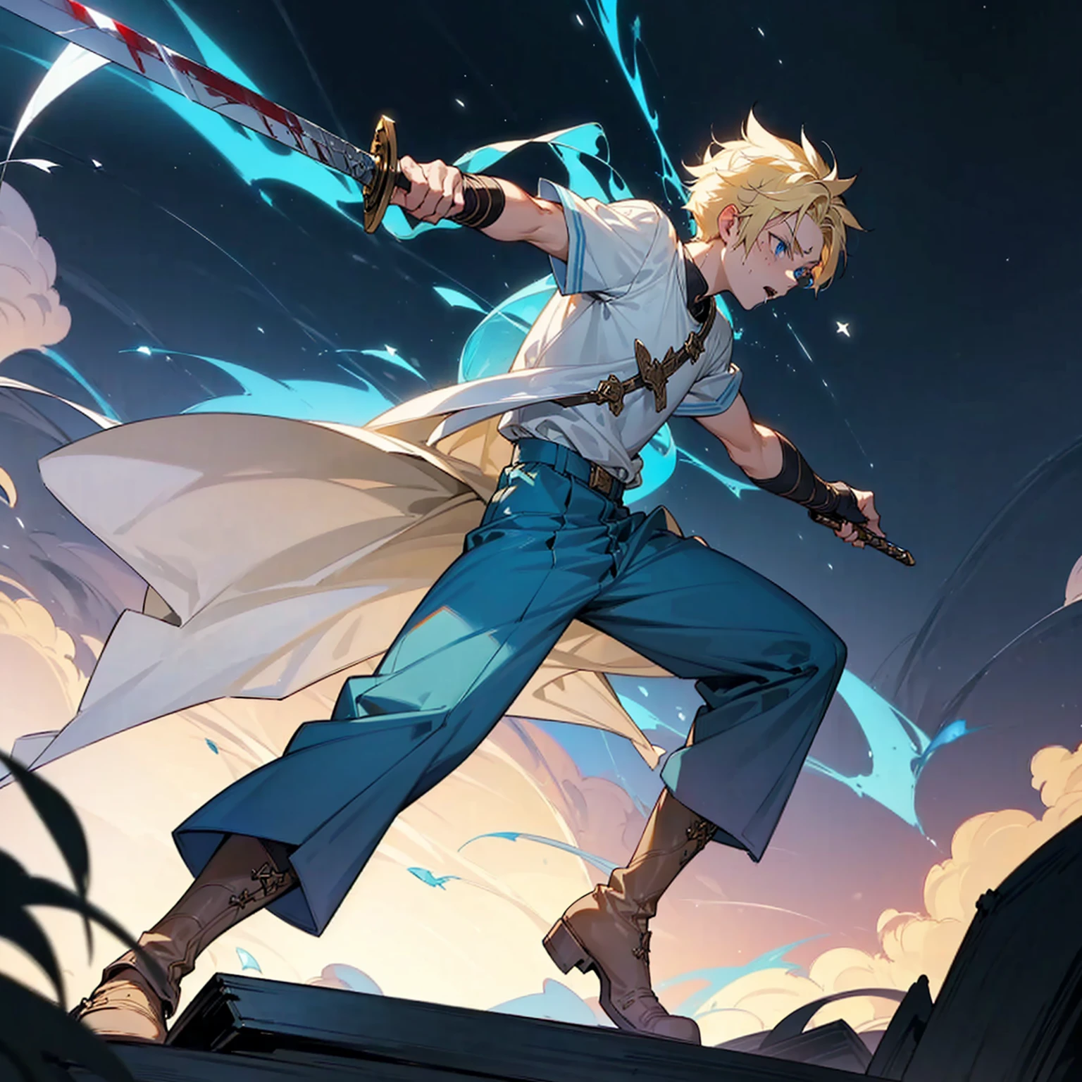 1character, Full body version, Viking boys, 1boys, albino skins, blue eyes, faux hawk hair, blonde colour hair, blue short sleeve shirt, blue trousers, boots, His clothes were full of blood, his face was flowing with blood, his hands were bleeding, he had wounds, his face was bleeding, his body was bleeding, ((long sword in hand, in a fighting pose, the long sword emits blue light, lightning flashes in the blade)), Grassroots, full background in a wide field, gusts of wind, the silhouette of moonlight, the moon, at night, the stars in the night sky 