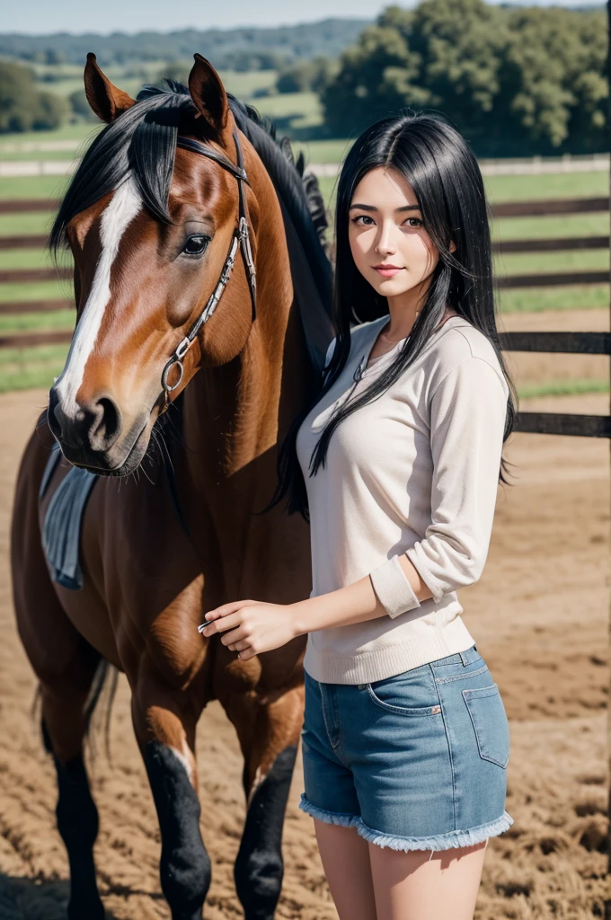 Girl with black hair on a farm with brown horse 4k