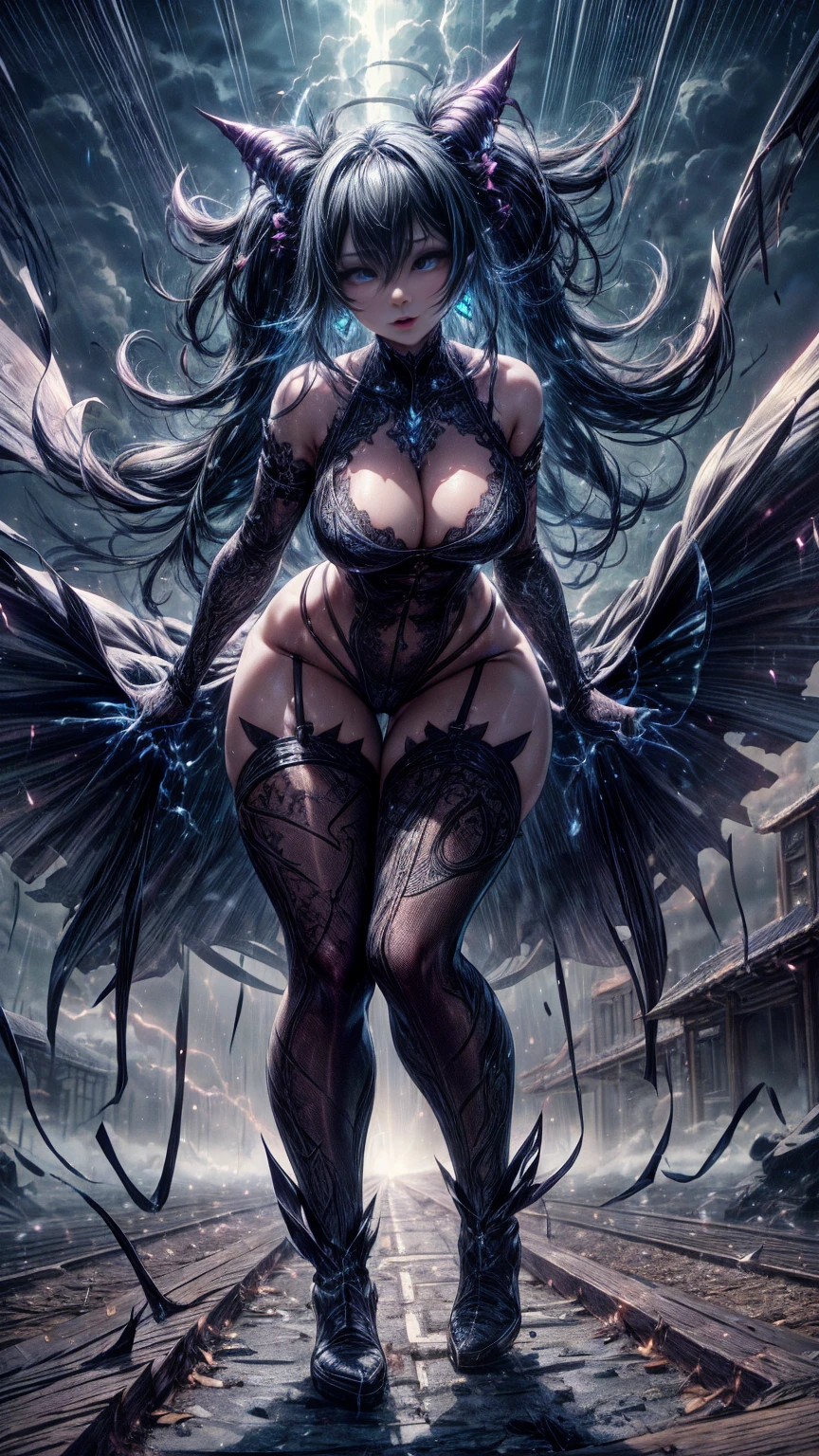 straddling, Wind, Full body portrait, bokeh, ((absurdres)) demonic succubus, electrical discharges, lightning from her hands, ((perfect whole body)), action pose, combat stance, ((ultra photorealistic)), Top quality, ((Photorealistic)), ((16k UHD)), High Definition, Unity 8K wallpaper, high res, ultra sharp, ((masterpiece)), best quality, ((intricate details)), busty, curvy hips, sheer lowleg panties (((detailed eyes))), (((perfect face))) (((detailed face))), masterpiece, combat stance with legs spread wide apart, highly detailed exquisite character art, melancholy lighting, (((perfectly detailed anatomy))) (((cinematic light))), ultra-realistic, (((1female))), shaved long white mohawk ,black skin, black complexion, blue eyes, gothic outfit, tattoo's, busty, see-through mesh panties, torn stockings, straddling over the viewer, legs spread wide open, black lips, hoop earrings, superpowers, weather witch, commanding the weather, wind, hail, lightning, clouds, avalanche, rain, thunder, flying, plump lips,