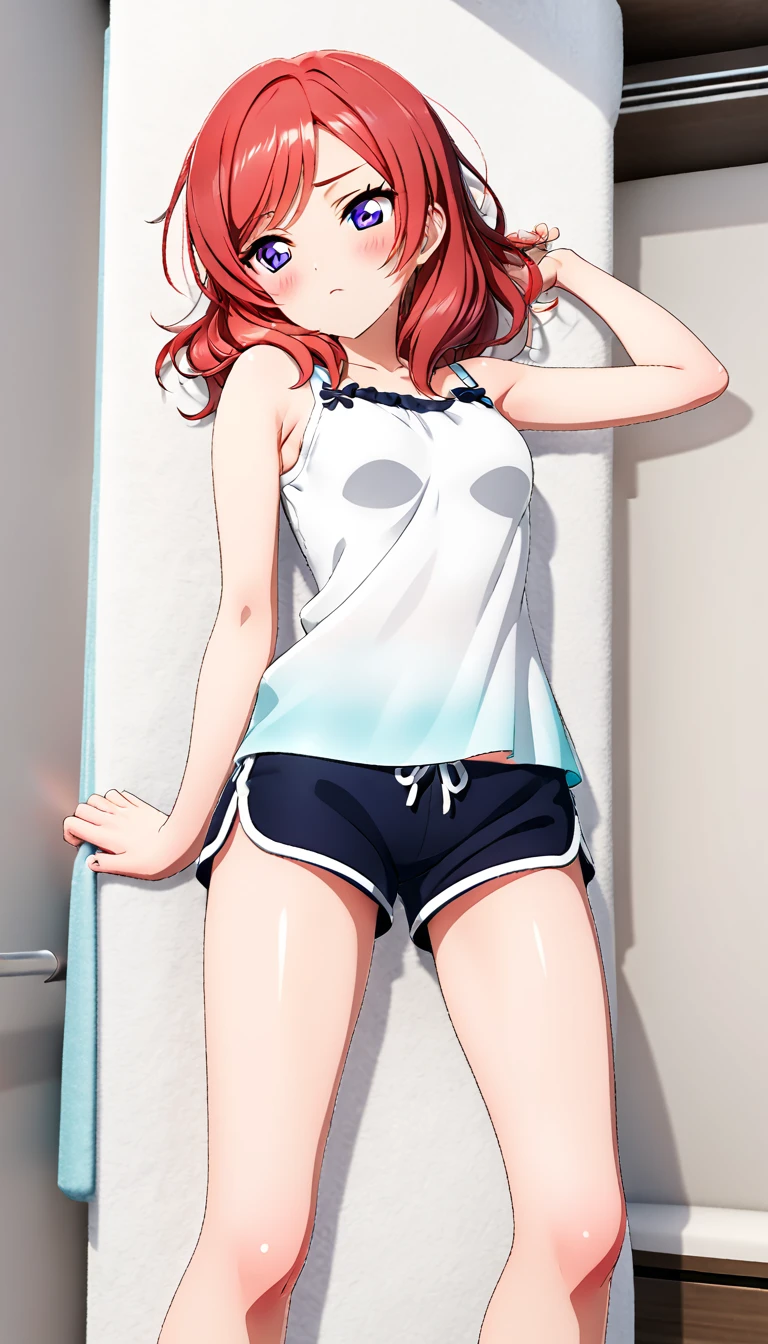 One girl, Nishikino Maki, wearing a thin plain white tank top, pajama shorts, posing on a bed in a bedroom, no objects on the bed, BREAK (masterpiece, top quality, high resolution, ultra detailed, (ultra detailed skin: 1.3), (ultra detailed hair: 1.3), (perfect anatomy: 1.5), (perfect anatomy: 1.5), (beautiful eyes, 5 fingers: 1.3), (highly detailed face and skin texture: 1.3), (crisp details), {background blur: 1.3}, (perfect lighting), high resolution CG, Unity 8k wallpaper, official art, (full body composition: 1.22), (character focus: 1.22), (blush: 1.22), (upward glance: 1.22), 3D rendering, conceptual art, sharp sketch, id_maki_nishikino