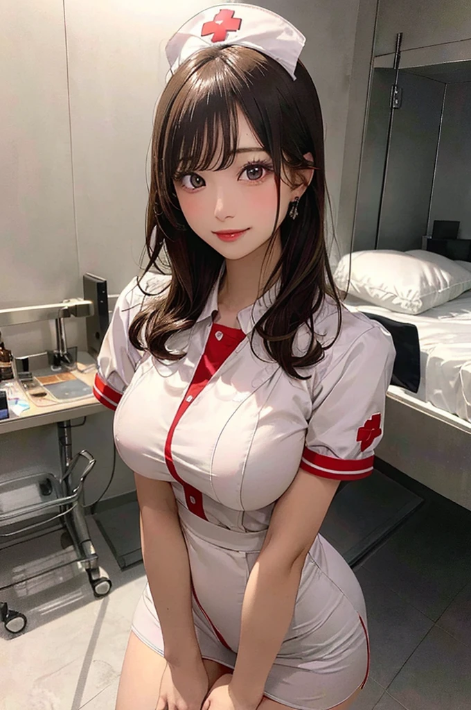 (seductive smile), (((24yo, gyaru))), masterpiece, (((wearing tight nurse uniform)), (allfours), ((large breasts)), ((large hip)), (shiny skin), ((skindentation)), photorealistic, realistic, solo, photorealistic, best quality, ultra high res, YuraS, bed, parted lips, beautiful, masterpiece, best quality, extremely detailed face, perfect lighting, ultra high res, ultra detailed
