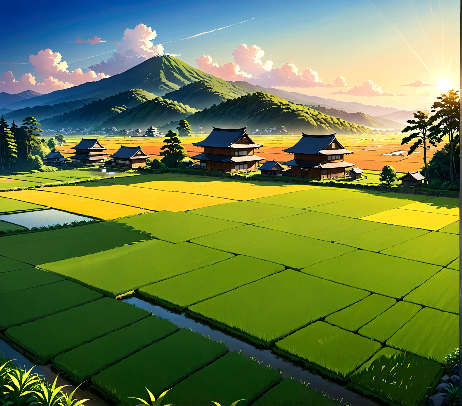 Evening scenery of rice fields in the Japanese countryside