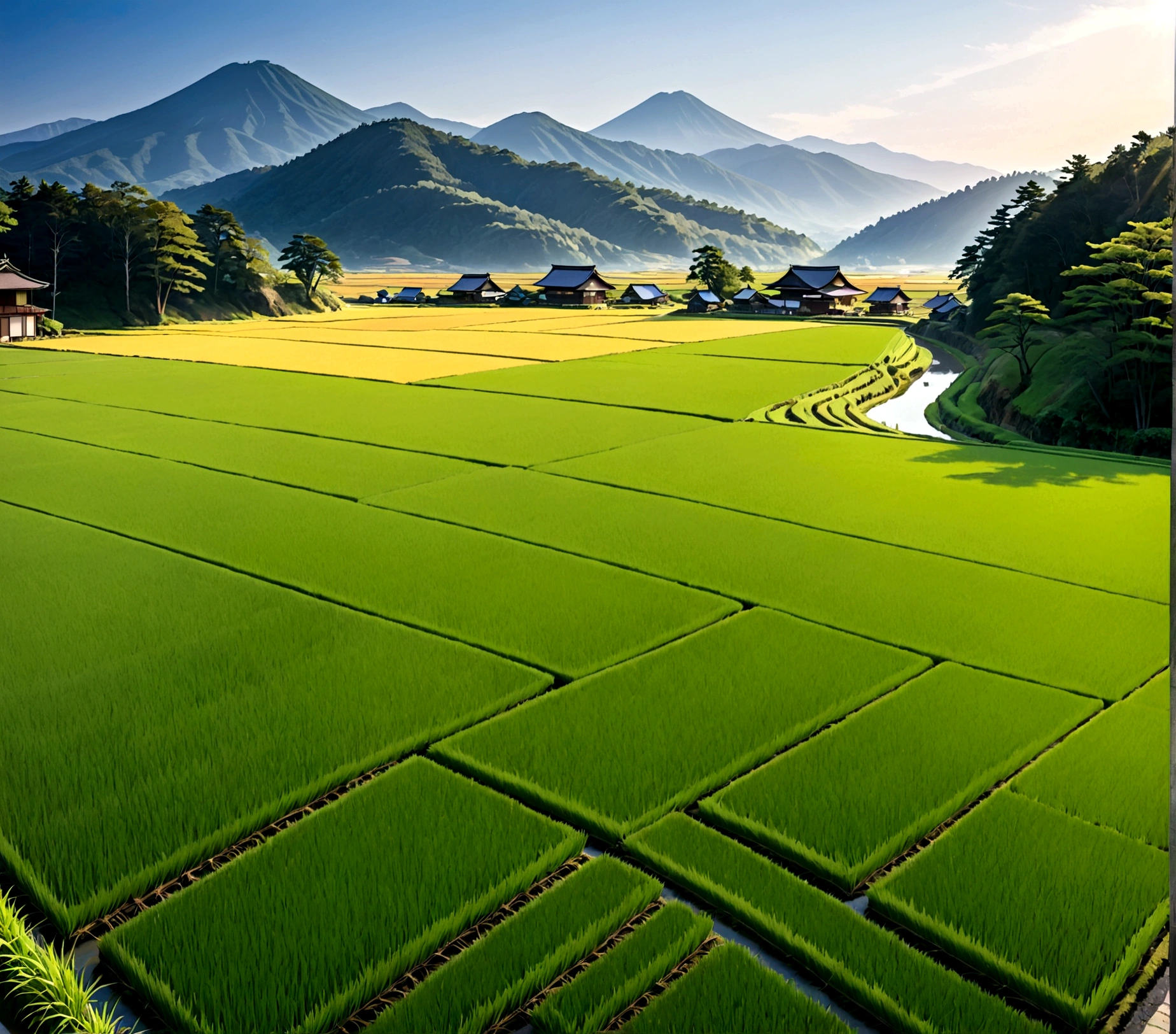 Evening scenery of rice fields in the Japanese countryside