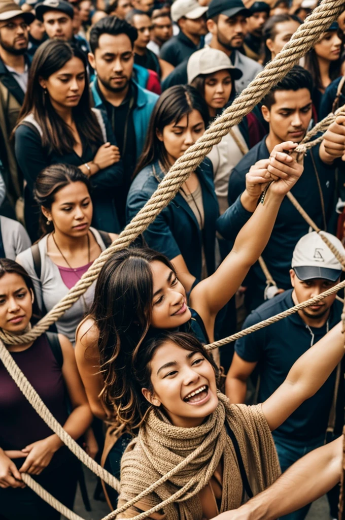 person tied with ropes in the middle of a crowd 
