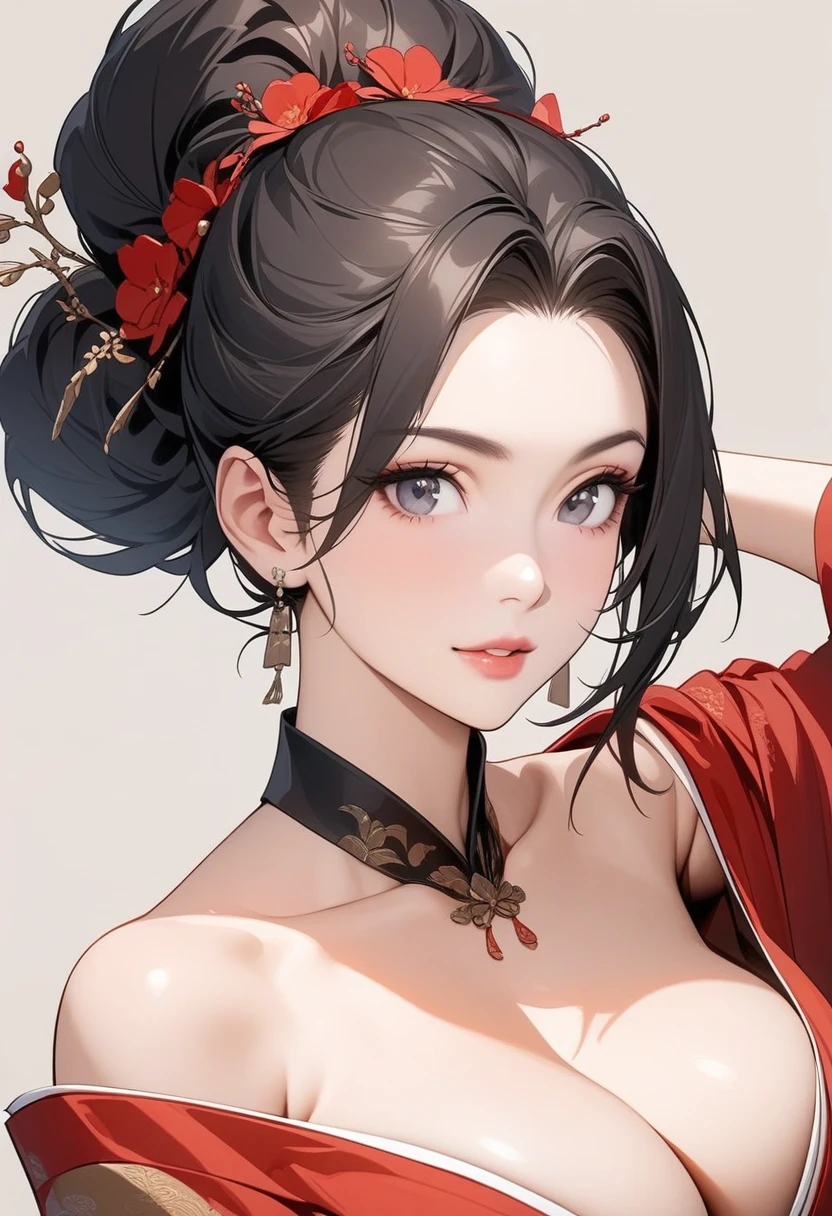 Mature women，Black long hair，Hair up，Red Hanfu，Showing cleavage，Show your shoulders，，Extremely detailed，high resolution，Simple background